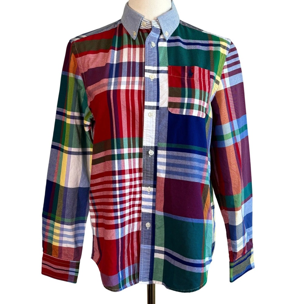 Ralph Lauren Button Down Shirt Madras Womens XS-S Patchwork Plaid Long Sleeve